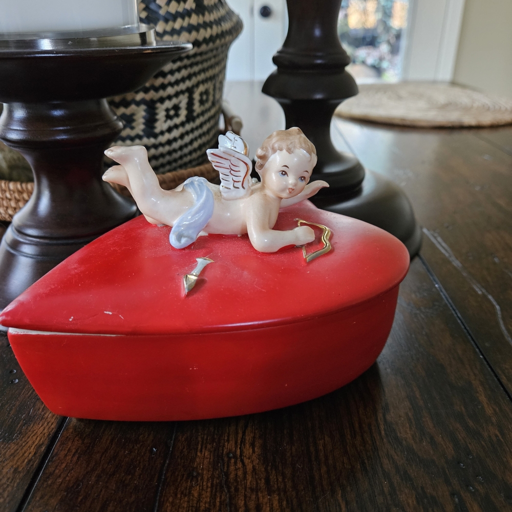 Vintage Lefton Red Heart Box with Angel Decor